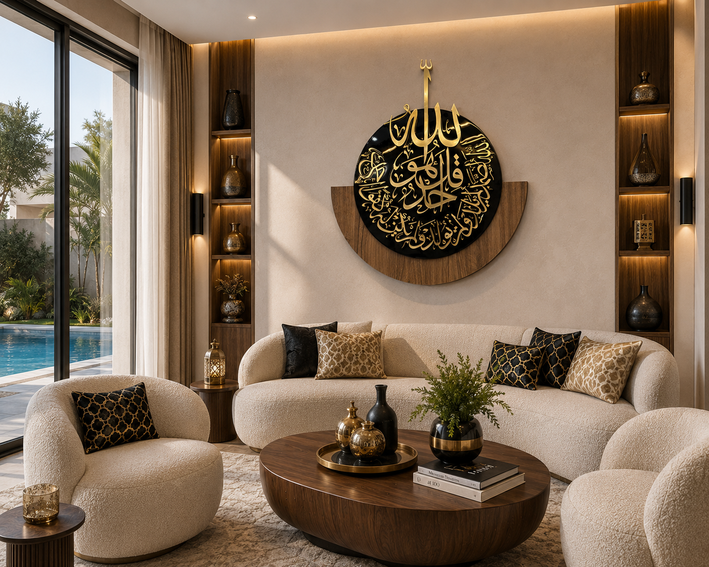 اللوحة في صالون عصري مطل على المسبح