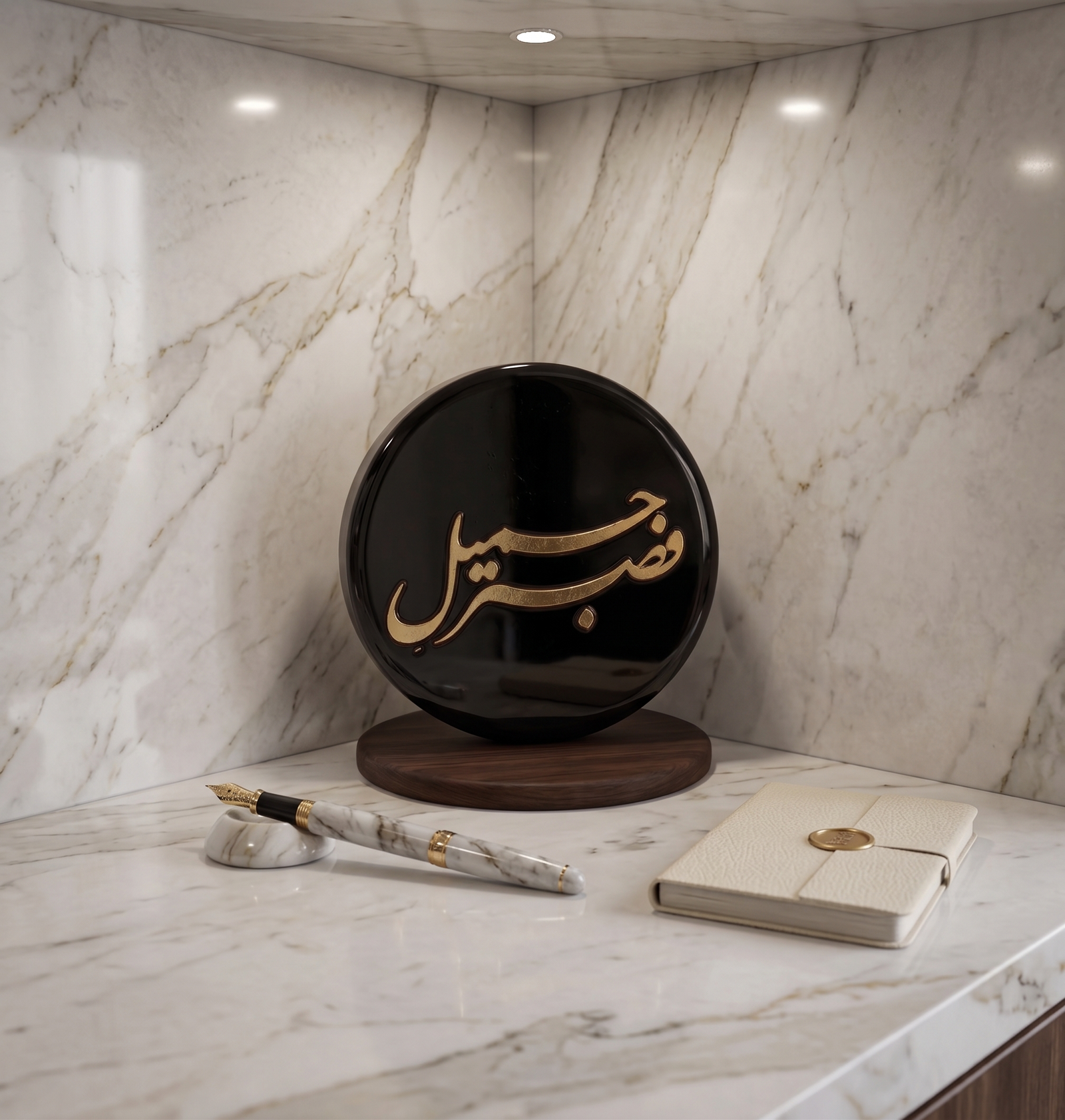 قطعة فصبر جميل بقرص أسود لامع وخط نحاسي على رفّ رخامي أبيض
