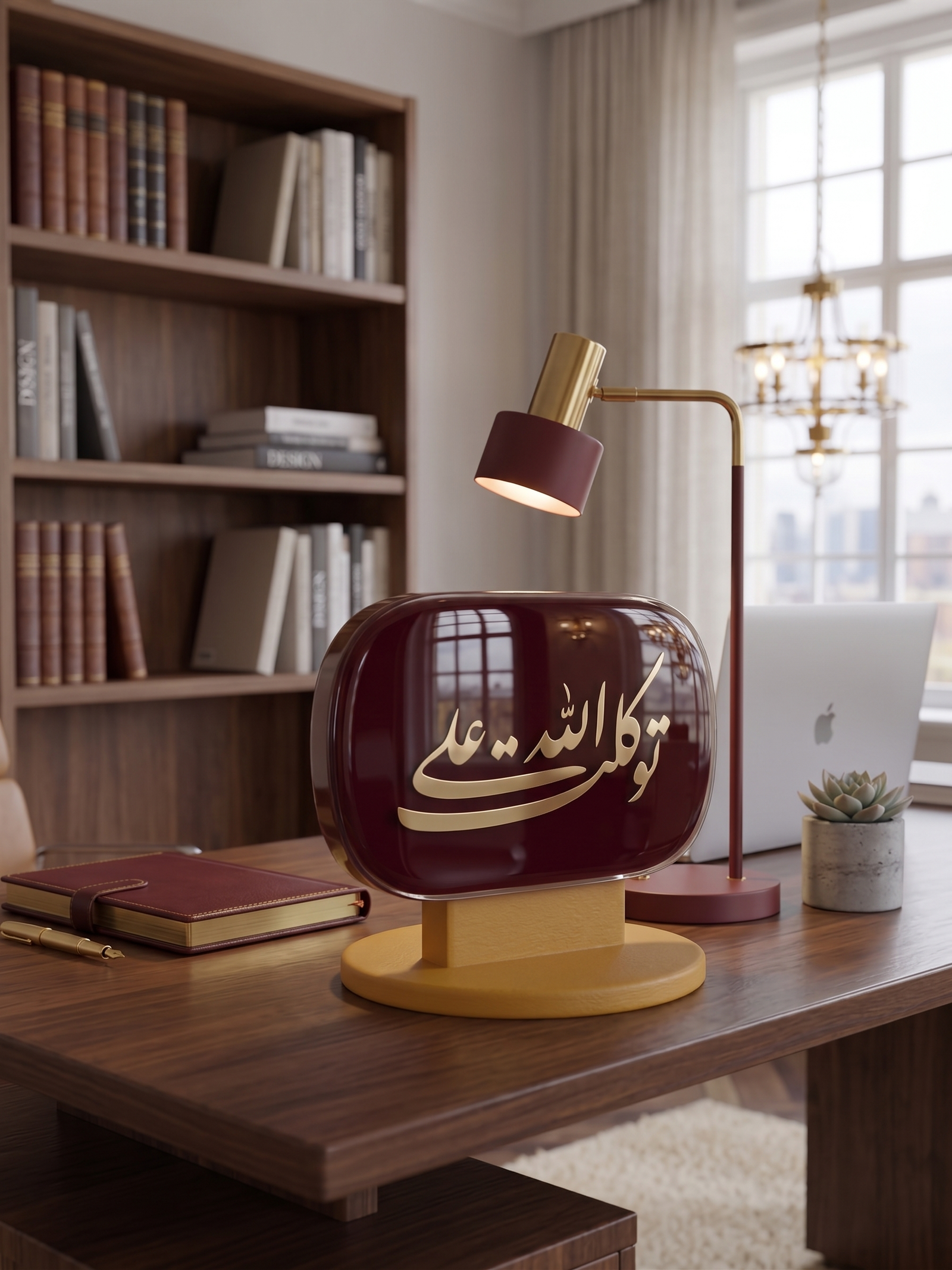قطعة توكلت على الله على مكتب خشبي بجانب مصباح نحاسي ودفتر