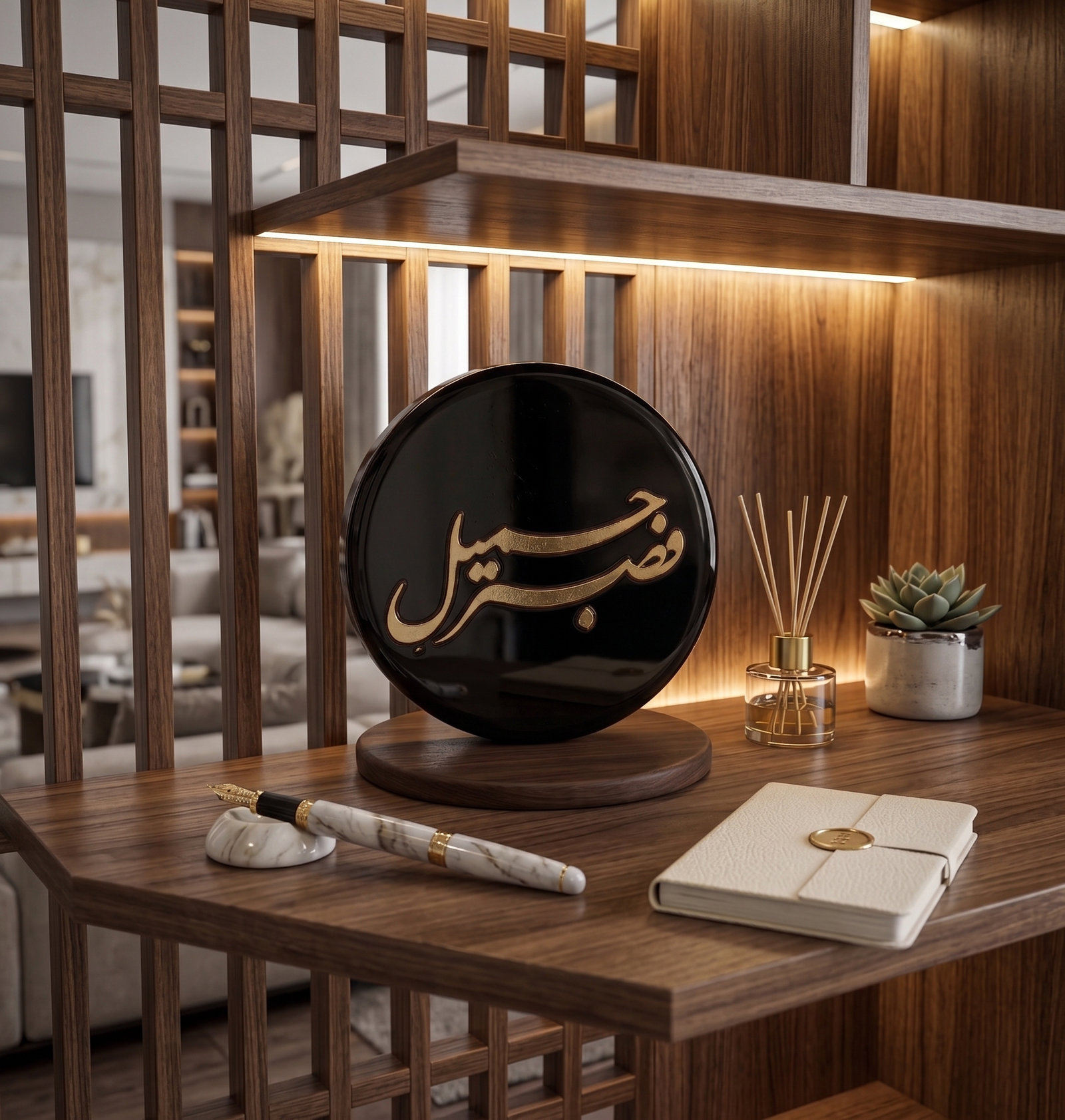 قطعة فصبر جميل على مكتب من خشب الجوز بجانب قلم حبر ومبخرة عطر