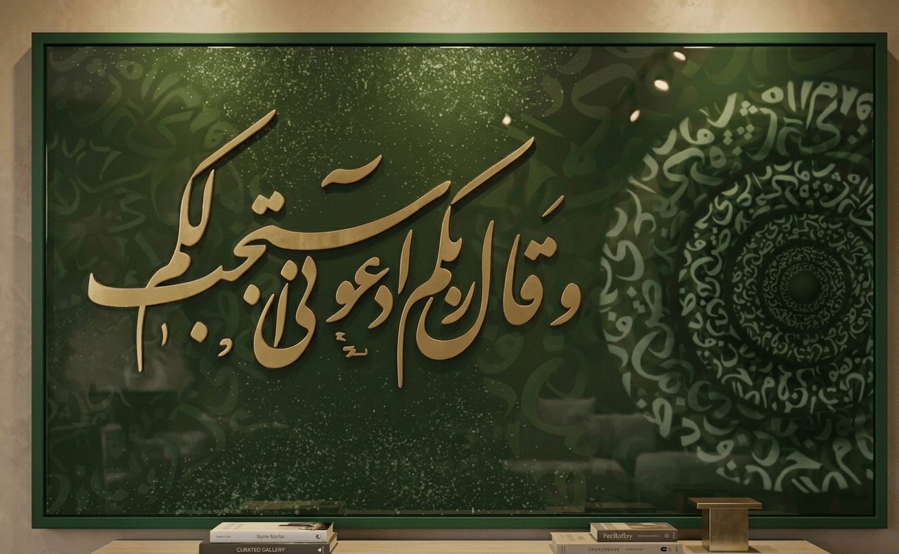 تفاصيل الخط النحاسي البارز على خلفية خضراء مطبوعة بزخارف إسلامية