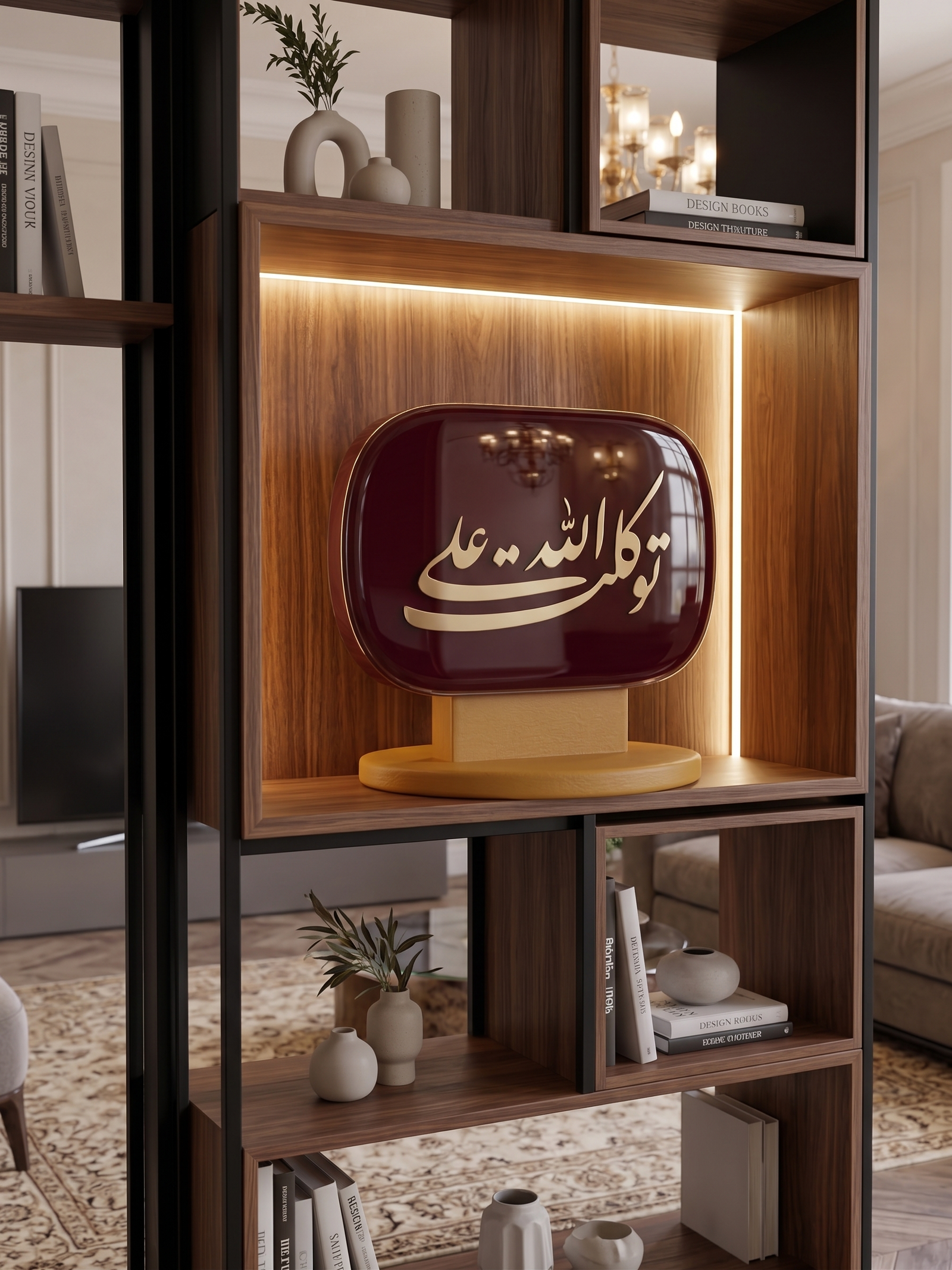 قطعة توكلت على الله داخل رف مكتبة من خشب الجوز بإضاءة خافتة